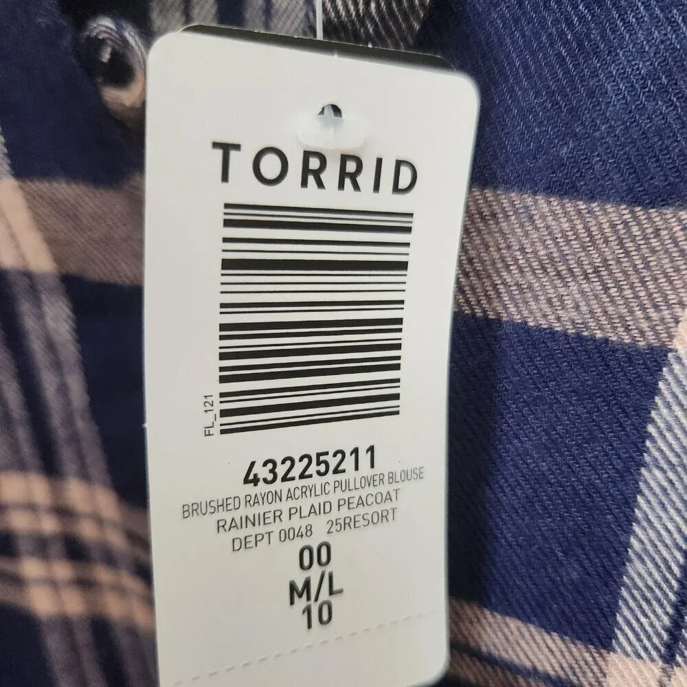 Torrid Blouse Womens Medium Large Blue Plaid Rainier Pullover Long Sleeve NWT